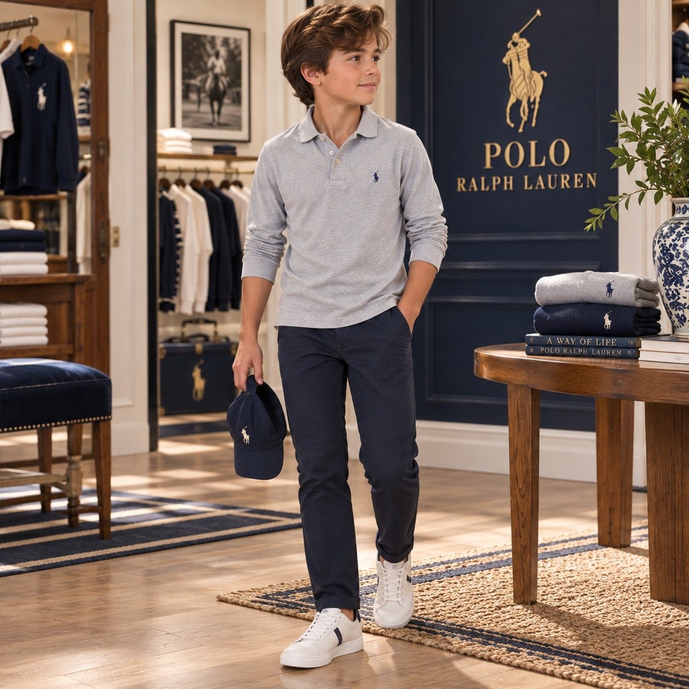 POLO BY RALPH LAUREN Kids Mesh Polo Shirt MEDIUM 10-12 Gray Cotton Long Sleeve